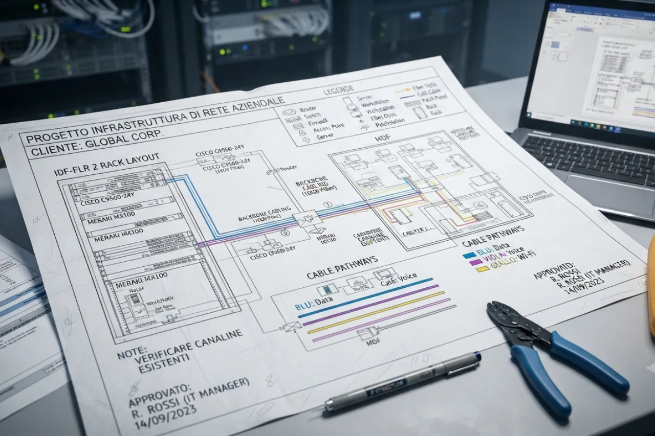 Schema infrastruttura rete aziendale su scrivania tecnica