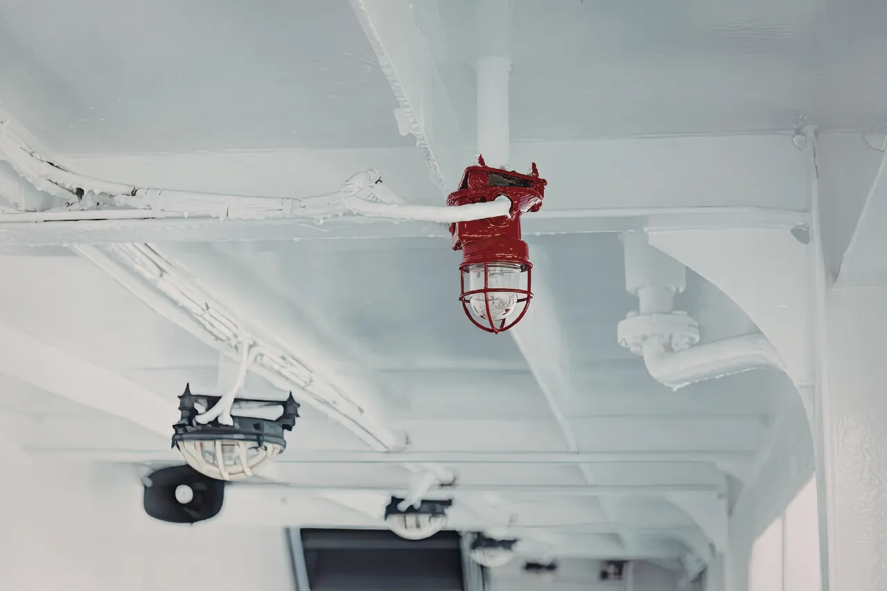 Lampada industriale rossa appesa a soffitto bianco
