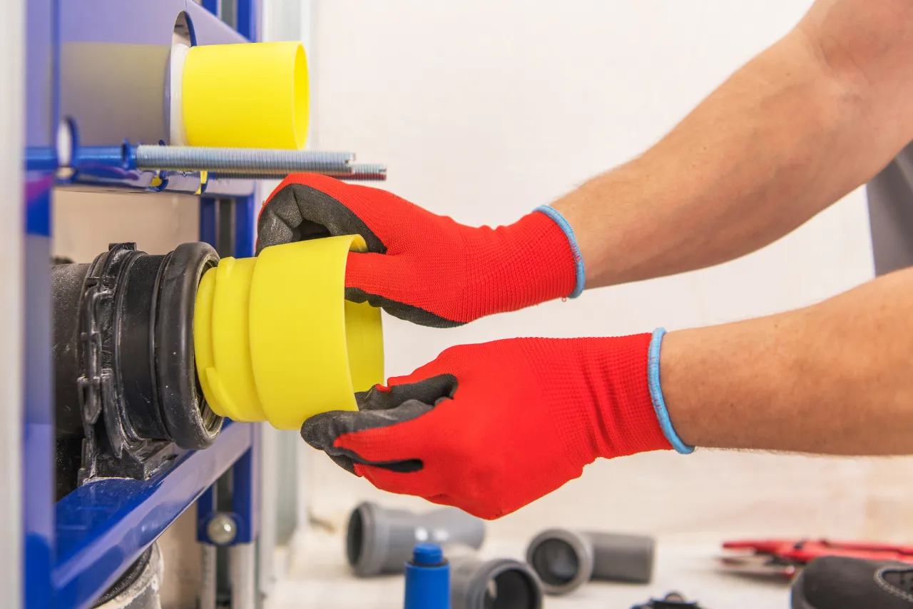 Tecnico installa raccordo giallo su tubazione industriale
