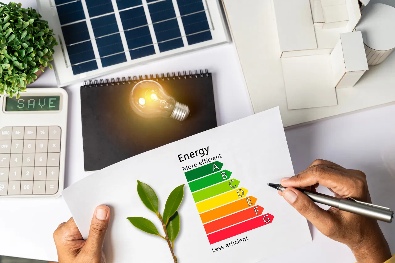 Etichetta energetica con pannello solare, lampadina e calcolatrice