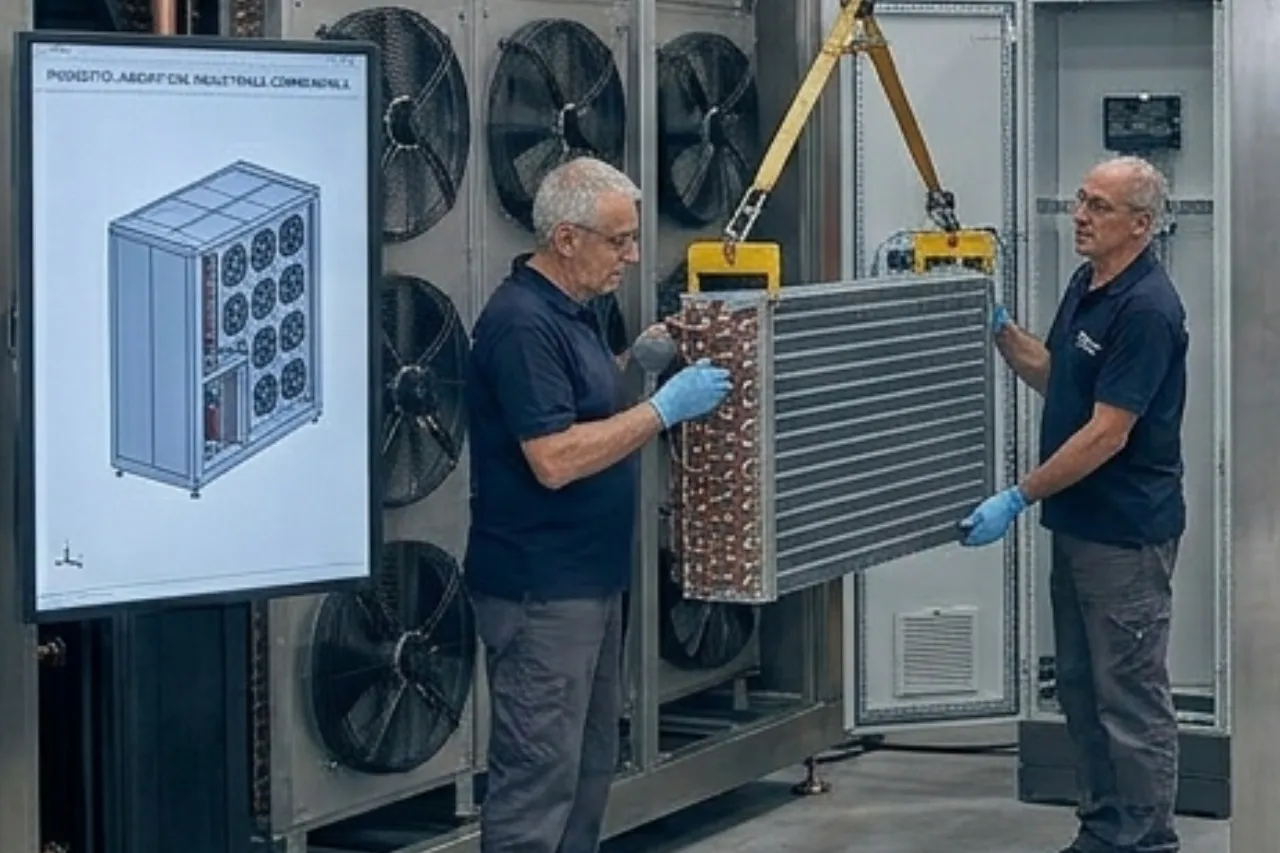 Tecnici installano scambiatore di calore industriale