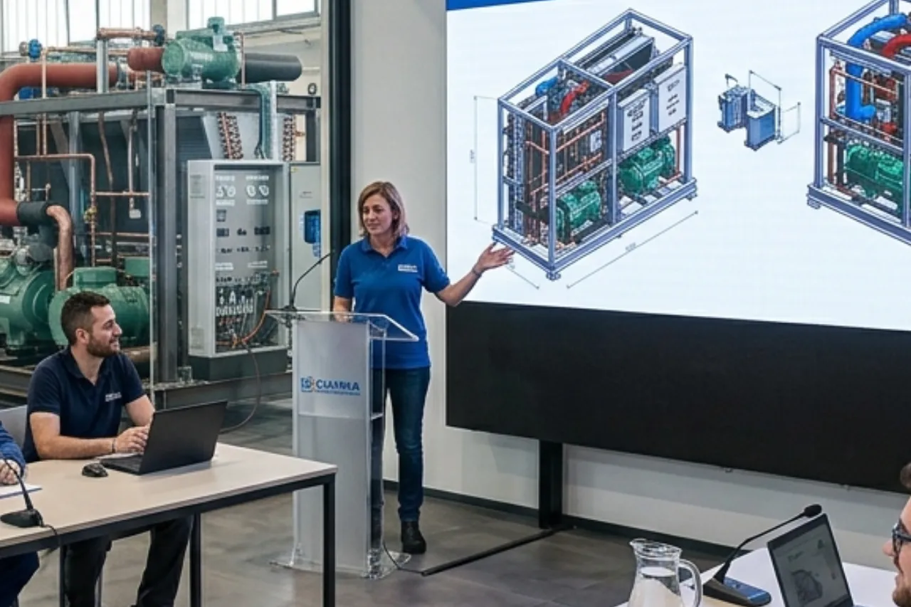 Presentazione tecnica di impianto industriale con schema 3D
