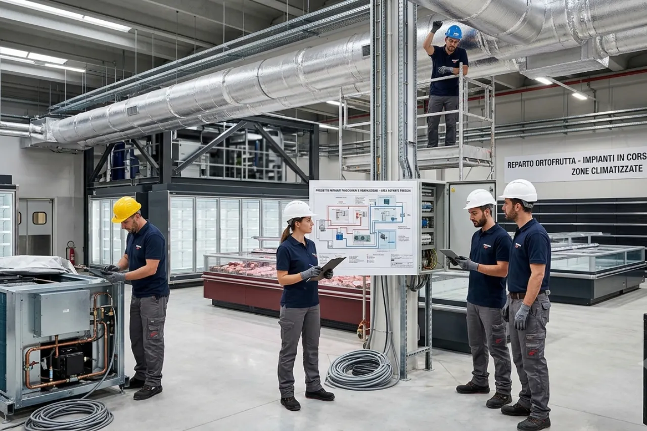 Tecnici installano impianto di refrigerazione industriale