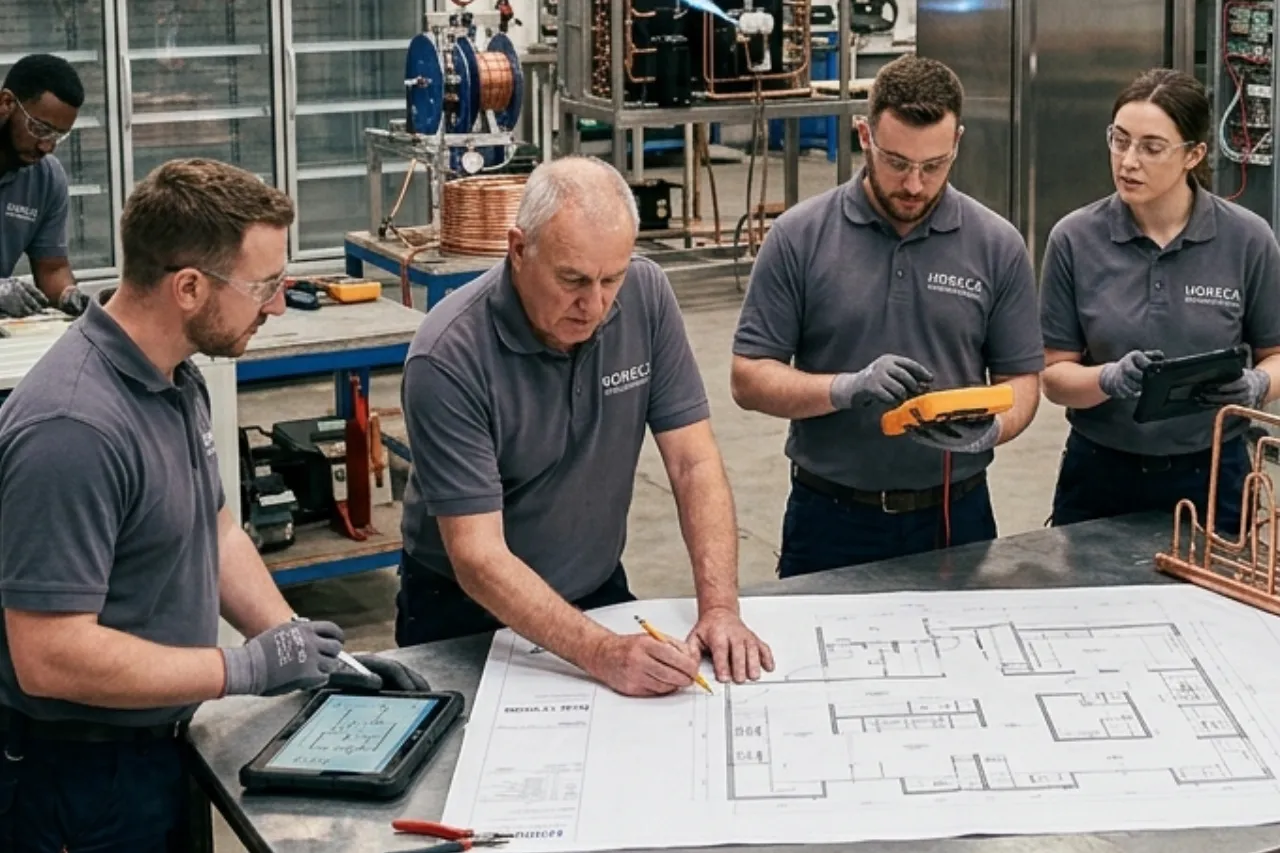 Tecnici esaminano progetto su tavolo in officina