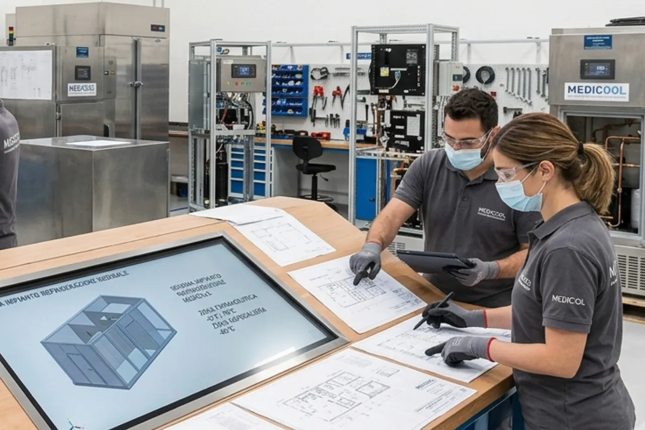 Tecnici analizzano progetti in laboratorio industriale