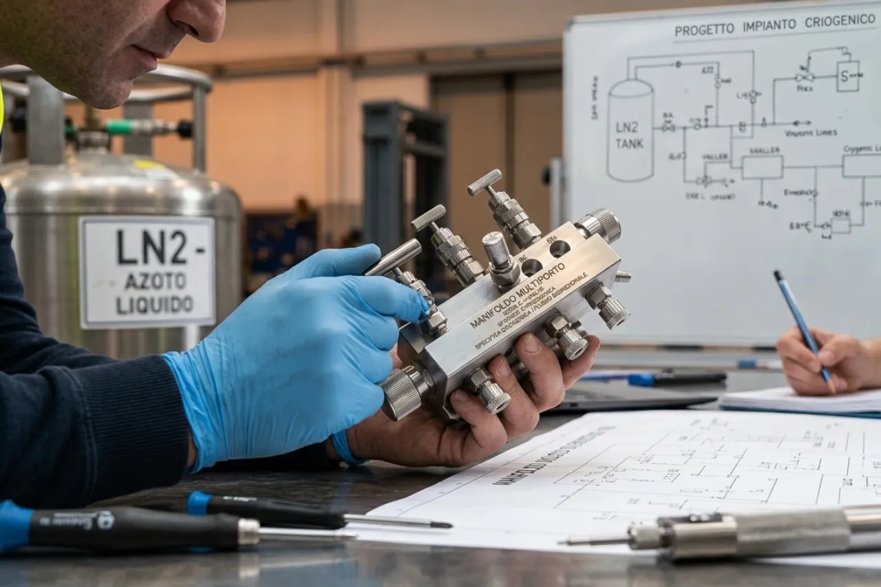 Tecnico esamina collettore per impianto criogenico LN2