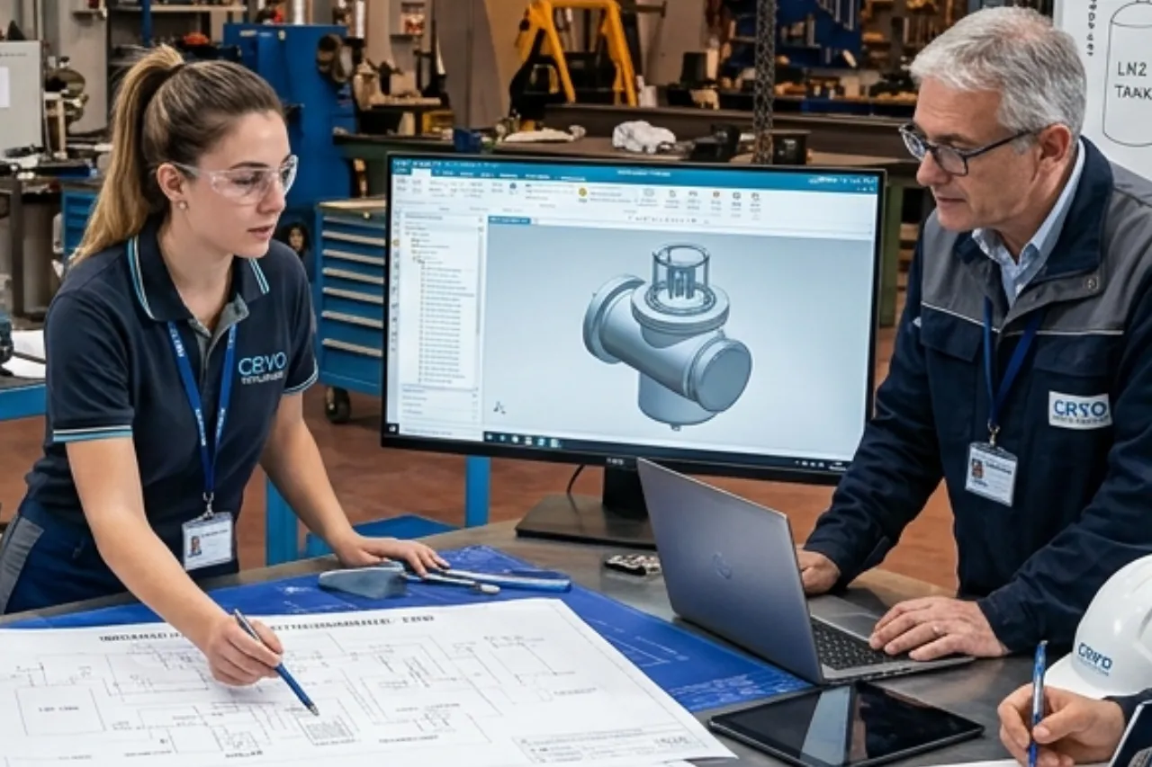 Ingegneri analizzano progetto tecnico su computer in officina