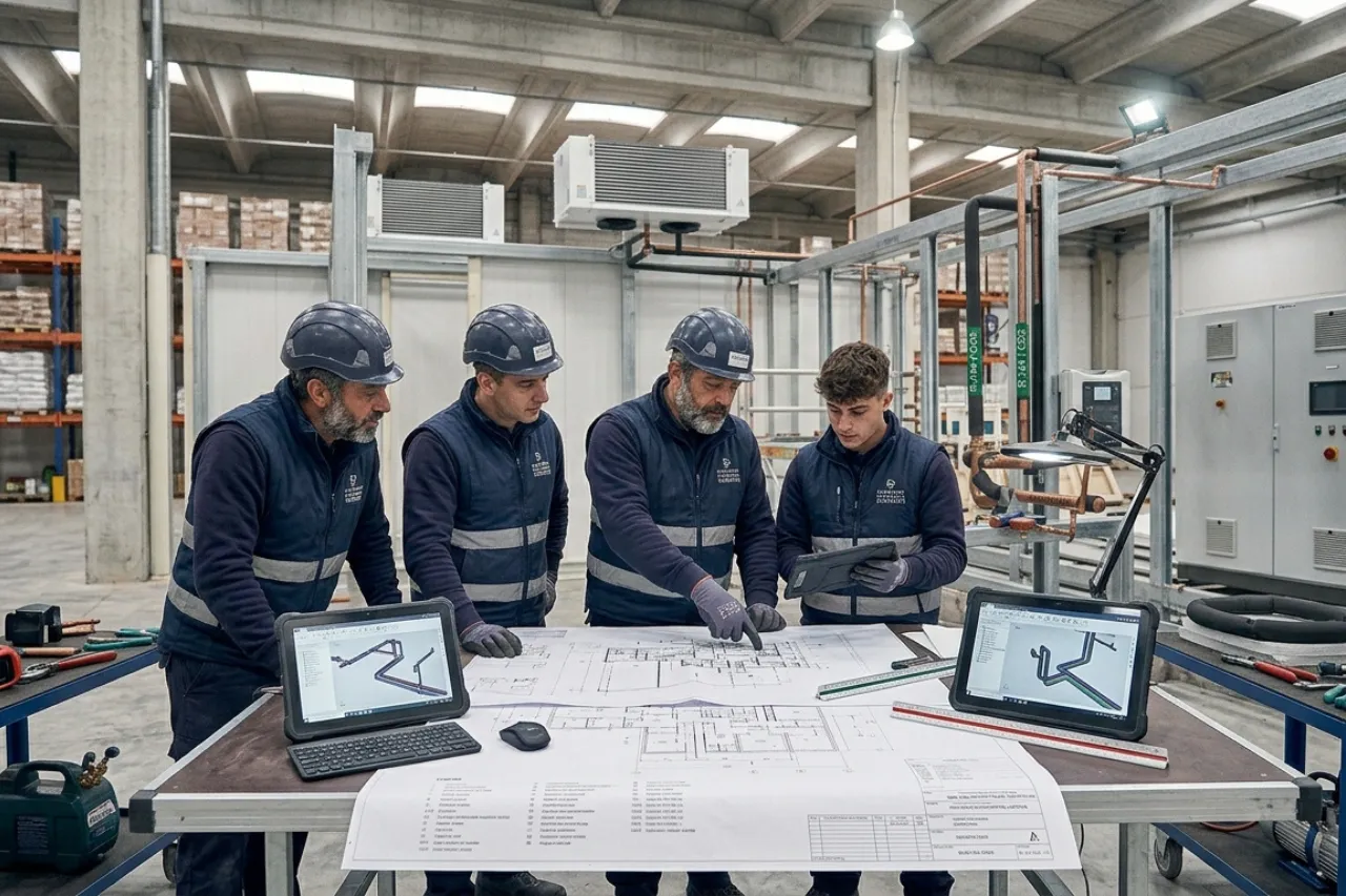 Operai analizzano progetti tecnici in stabilimento industriale