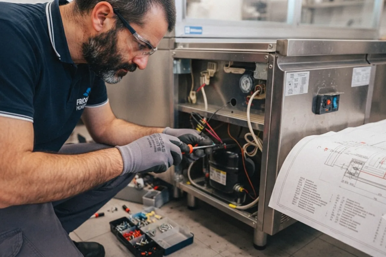 Tecnico ripara unità refrigerazione industriale in laboratorio