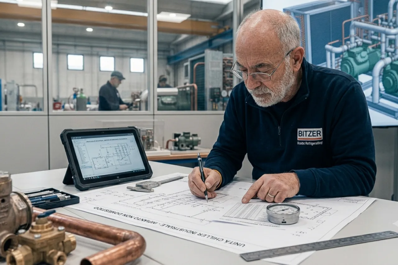 Ingegnere al lavoro su progetto tecnico industriale