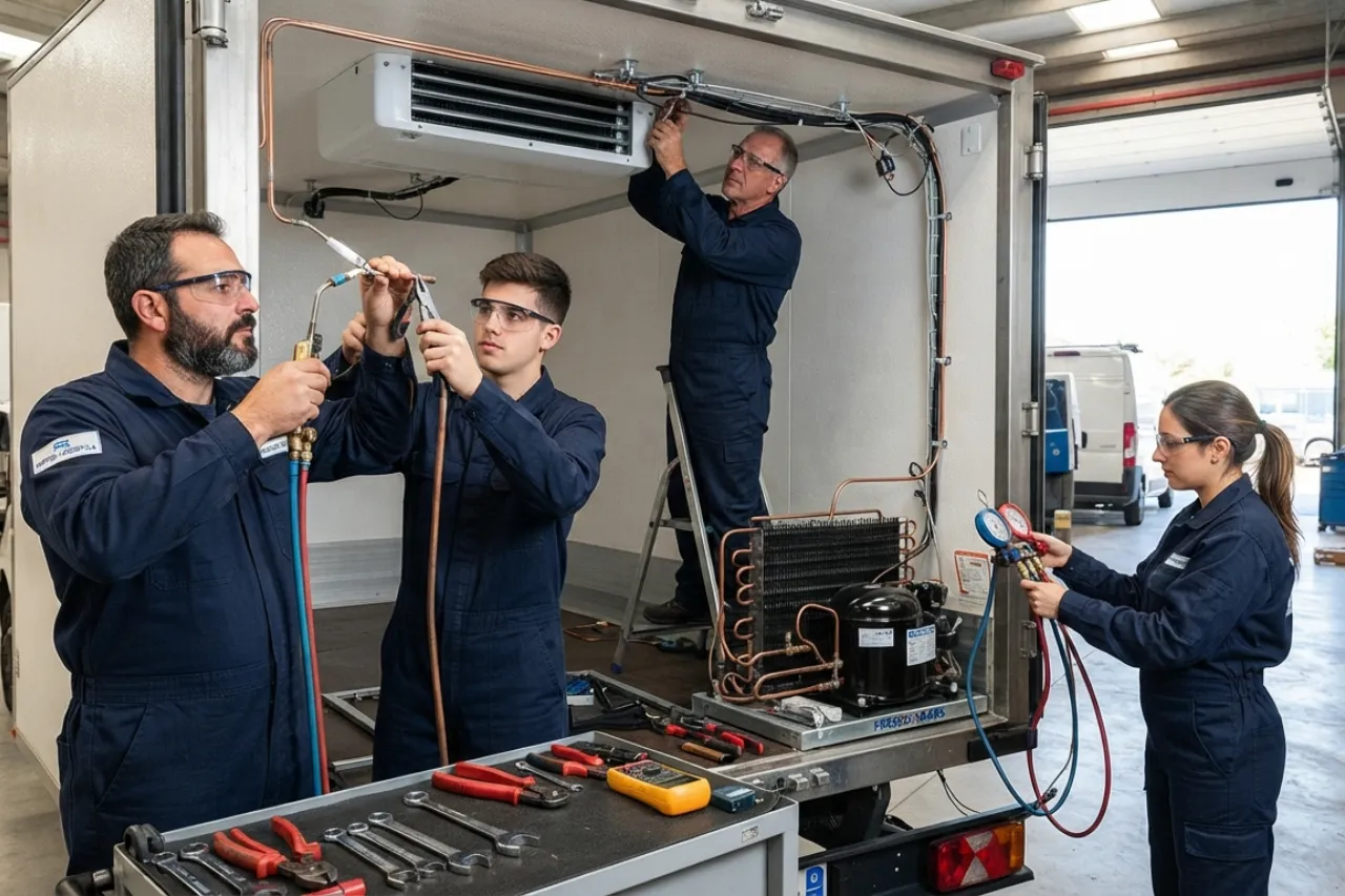 Tecnici riparano impianto di refrigerazione industriale
