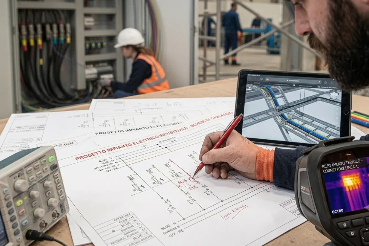 Tecnico analizza schema elettrico con tablet industriale
