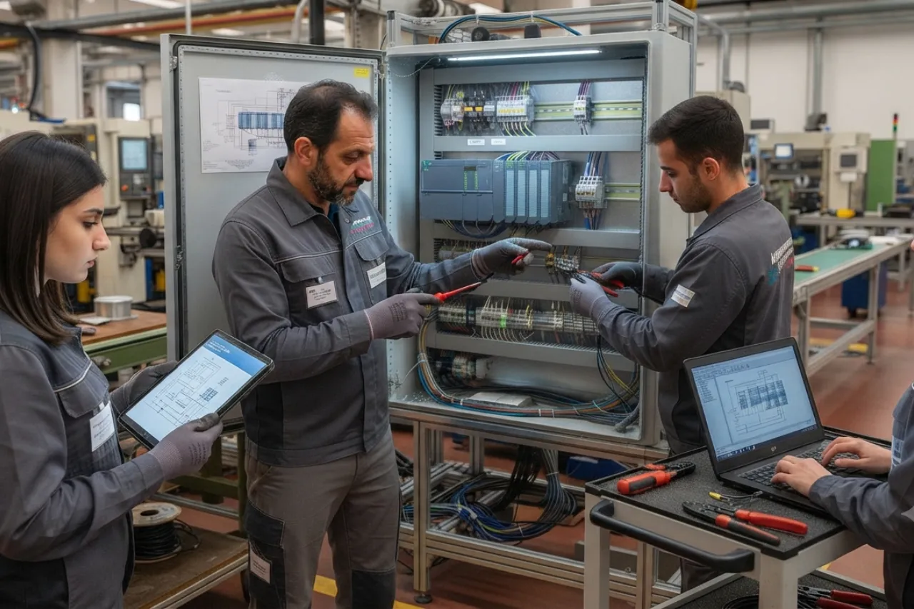 Tecnici lavorano su quadro elettrico industriale
