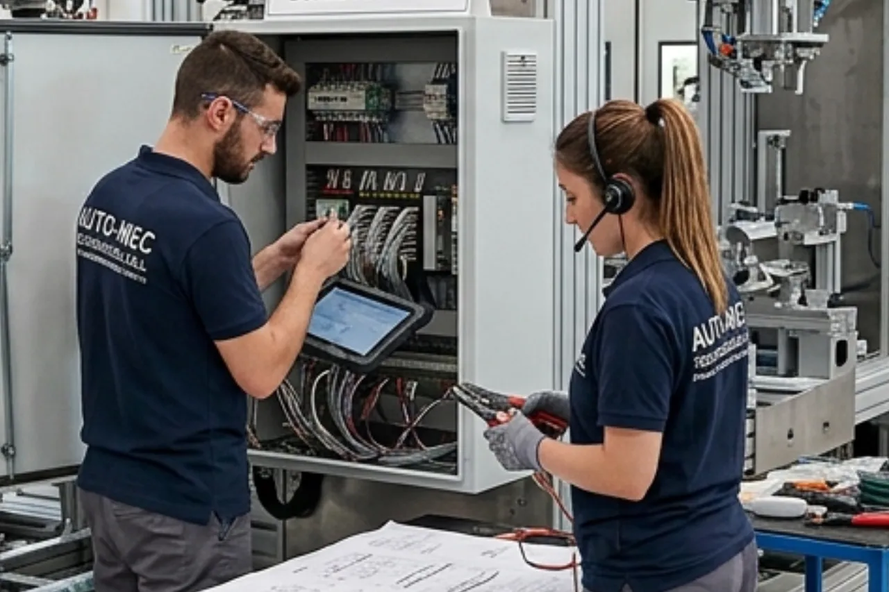 Tecnici al lavoro su quadro elettrico industriale
