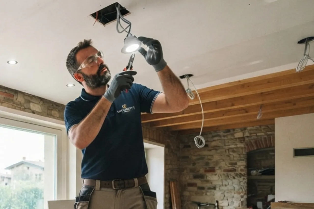Tecnico installa faretto a soffitto con strumenti