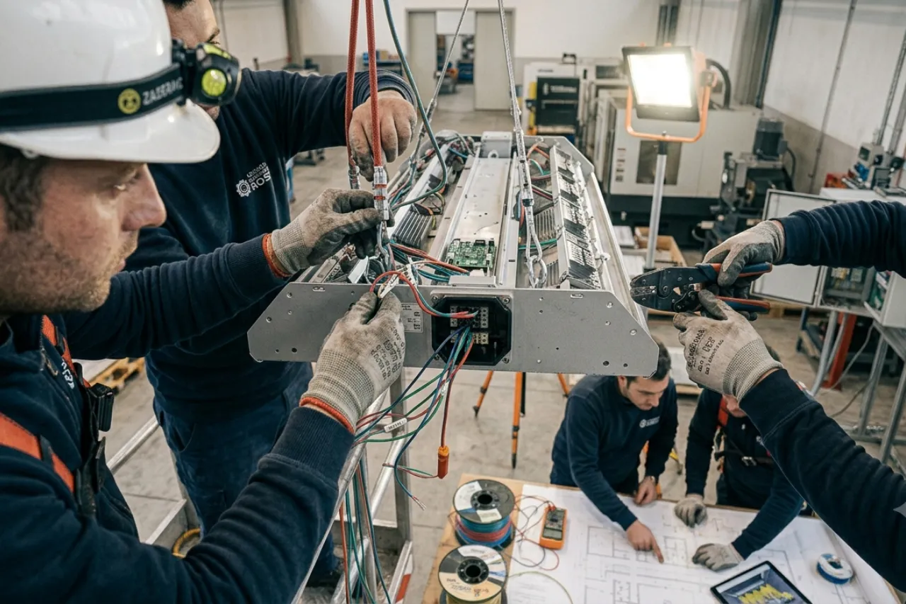 Tecnici installano cablaggi in impianto industriale