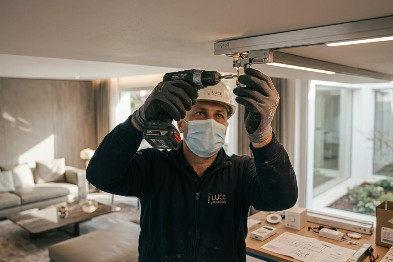 Tecnico installa lampada a soffitto con trapano