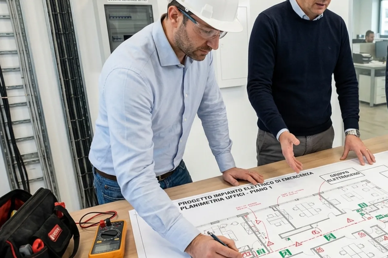 Tecnici esaminano planimetria impianto elettrico in ufficio