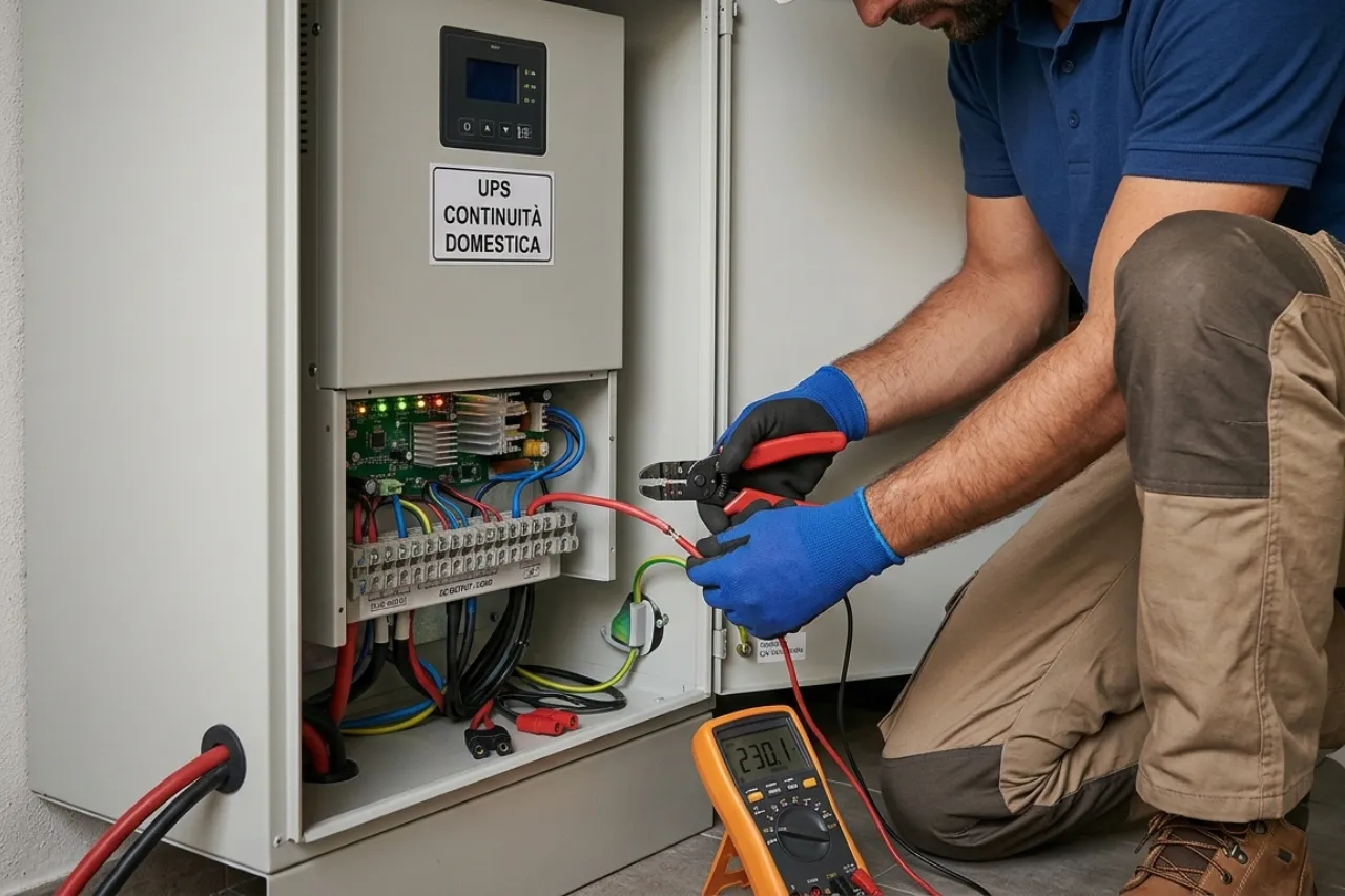 Tecnico verifica UPS domestico con multimetro