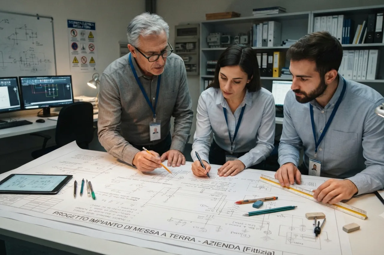 Tre ingegneri analizzano progetto tecnico su tavolo
