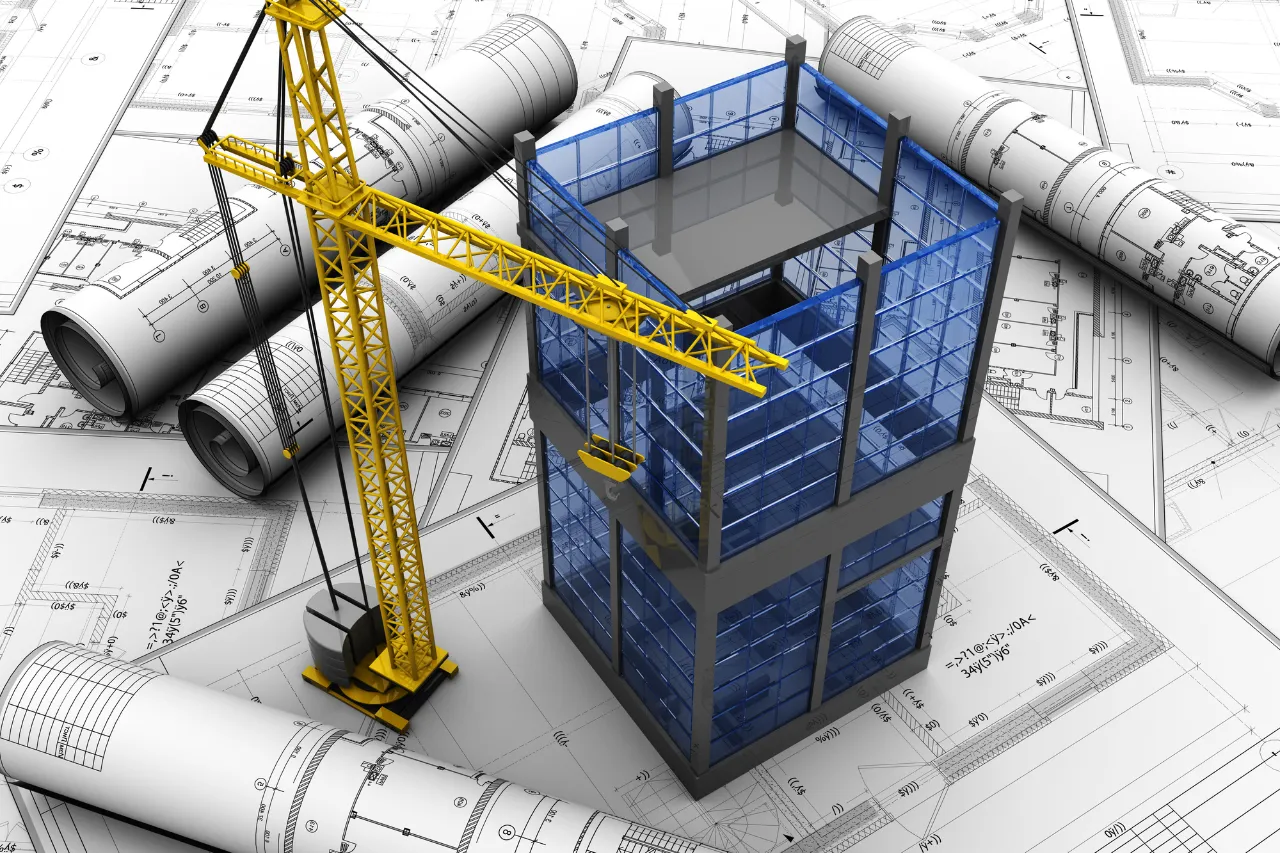 Gru ed edificio in costruzione su planimetrie tecniche