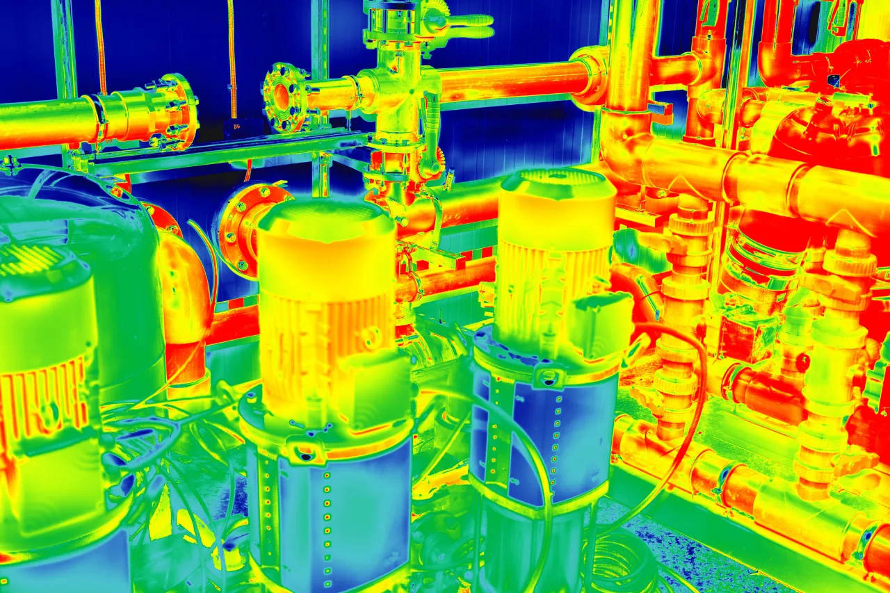 Impianto industriale con pompe e tubazioni in termografia