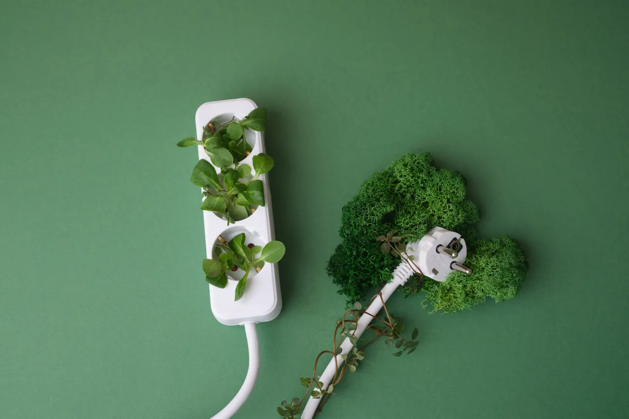 Multipresa bianca con piante verdi e spina elettrica