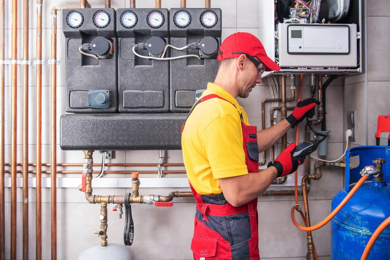 Tecnico controlla impianto di riscaldamento con strumento diagnostico