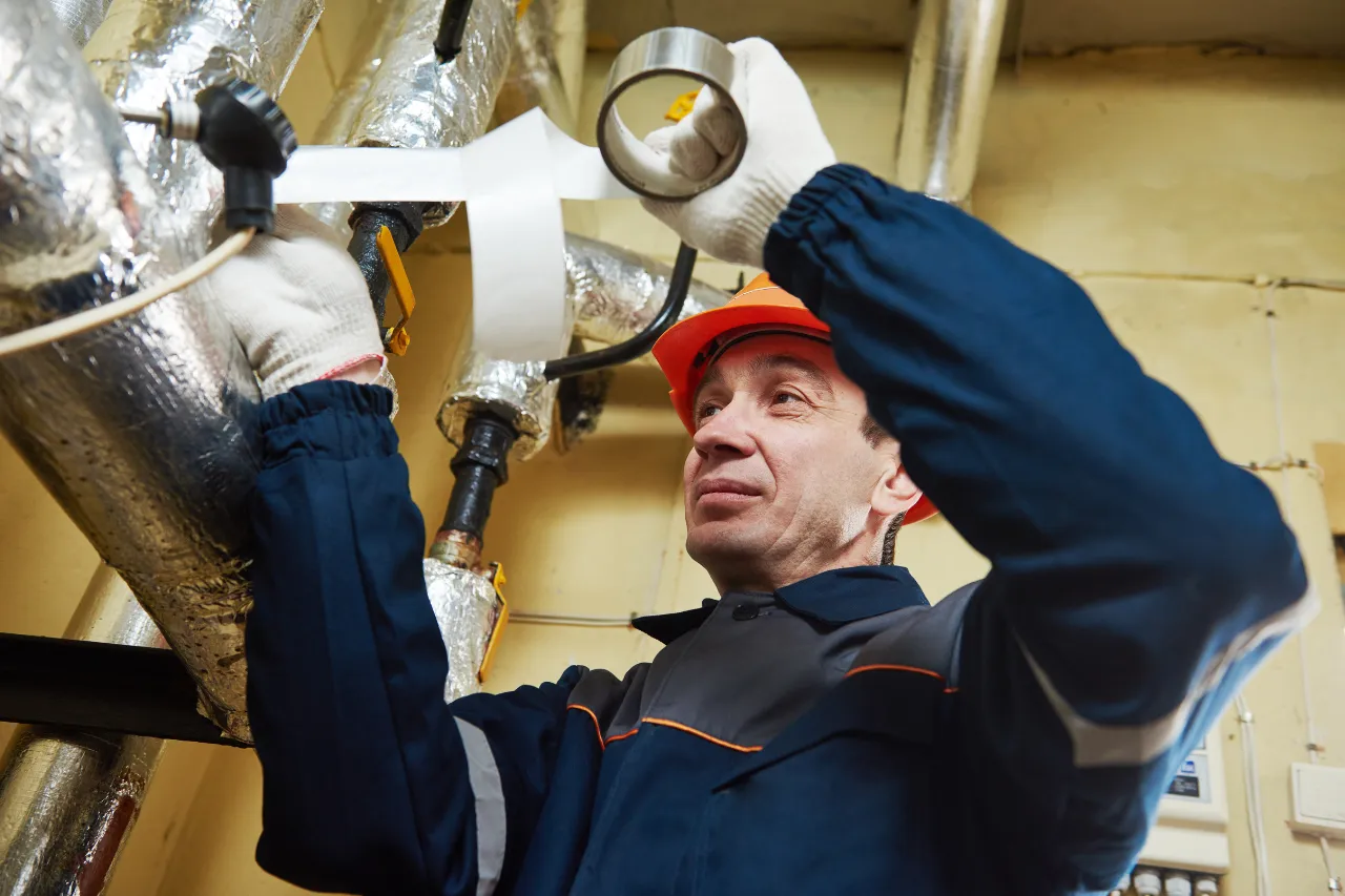 Tecnico ispeziona tubazioni isolate con una lente d’ingrandimento