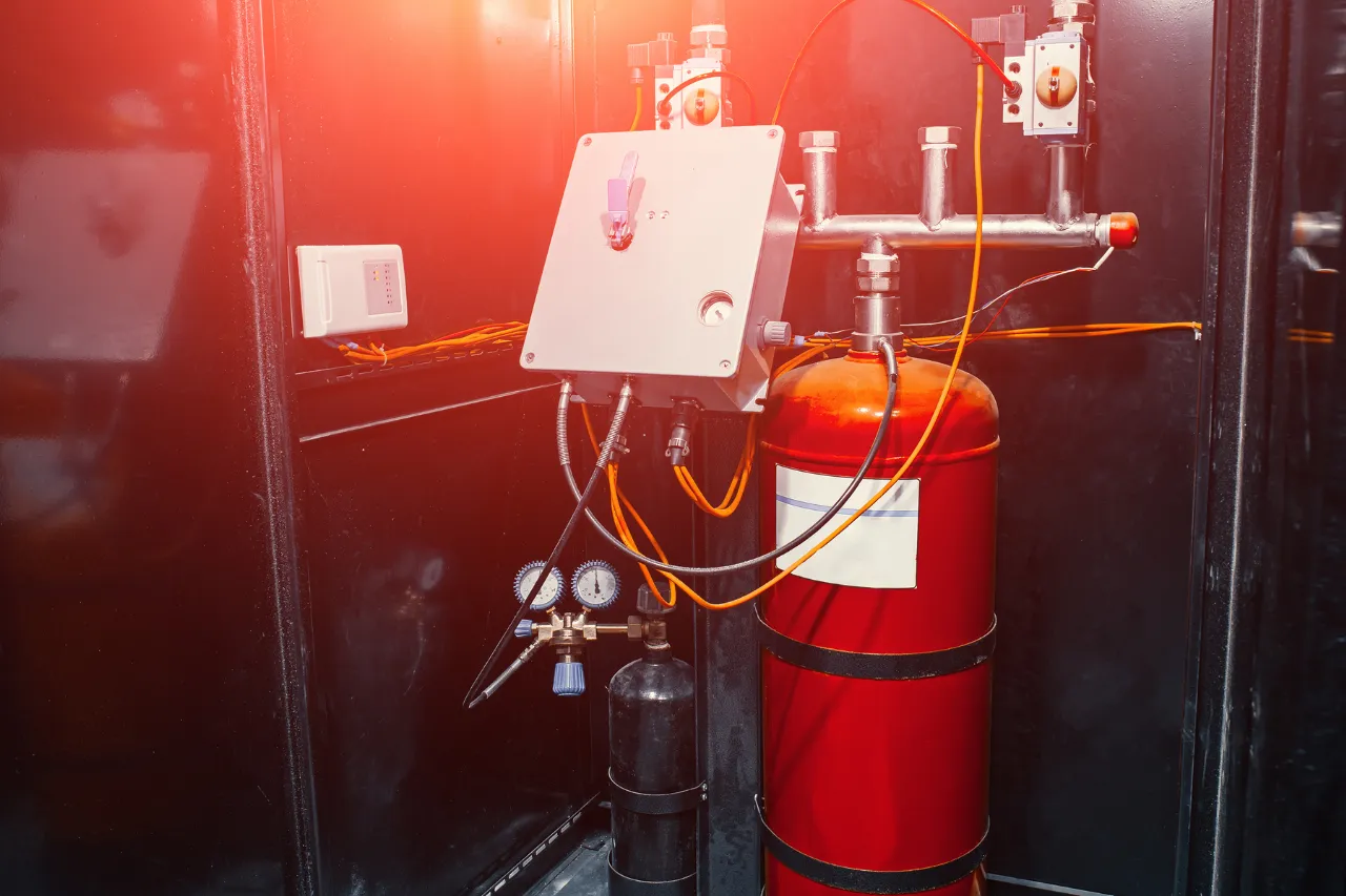 Impianto antincendio con bombole, tubazioni e pannello di controllo