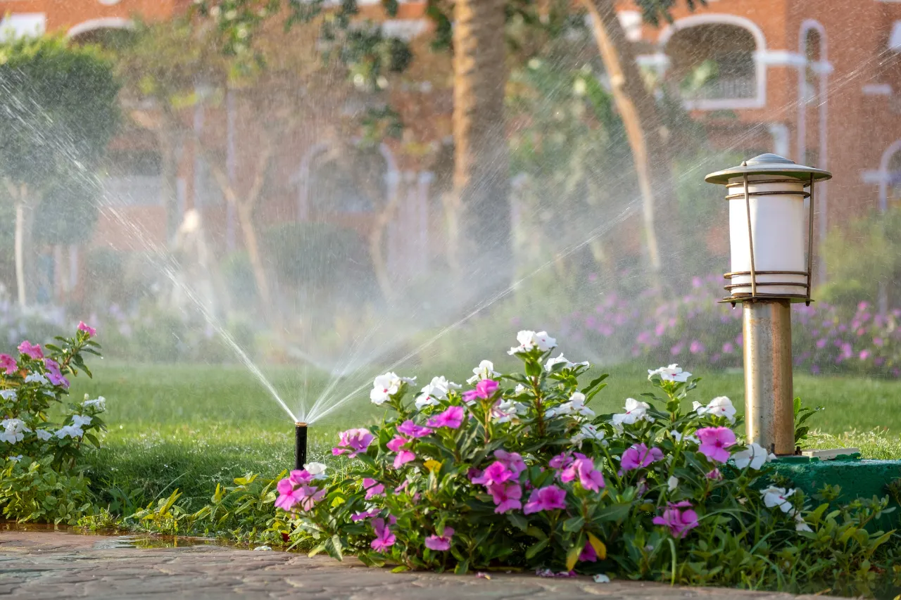Irrigatore annaffia fiori rosa e bianchi in giardino