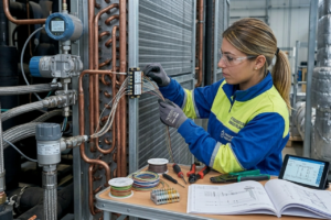 Tecnica lavora su impianto industriale con cablaggi
