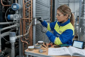 Tecnica lavora su impianto industriale con cablaggi