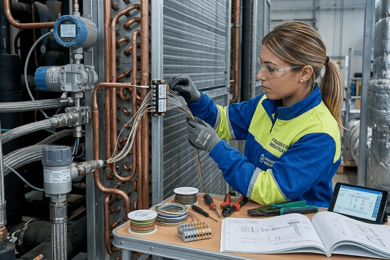 Tecnica lavora su impianto industriale con cablaggi