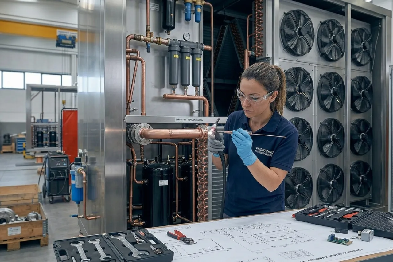 Tecnica lavora su impianto industriale di refrigerazione