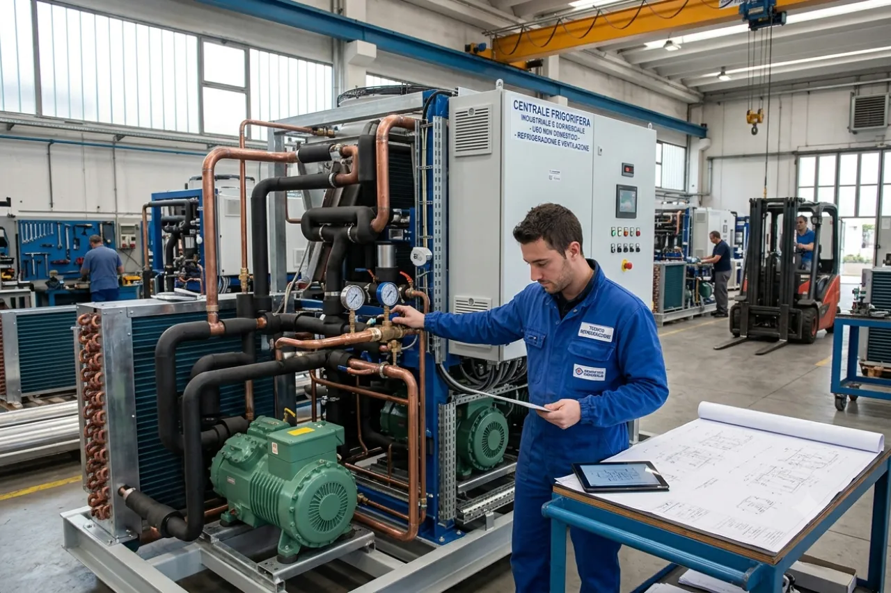 Tecnico controlla impianto frigorifero industriale in officina