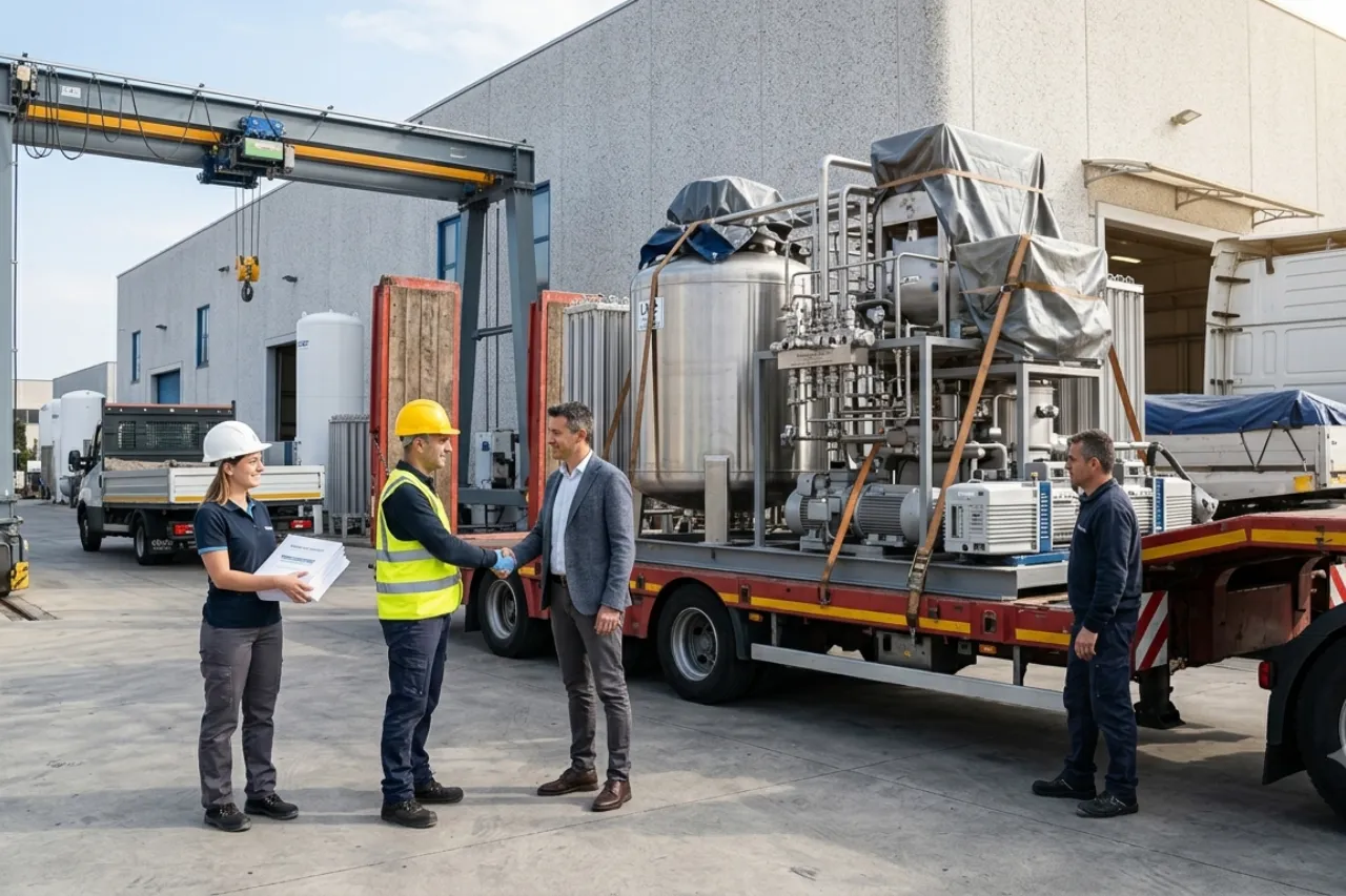 Operai e manager davanti macchinario industriale su camion