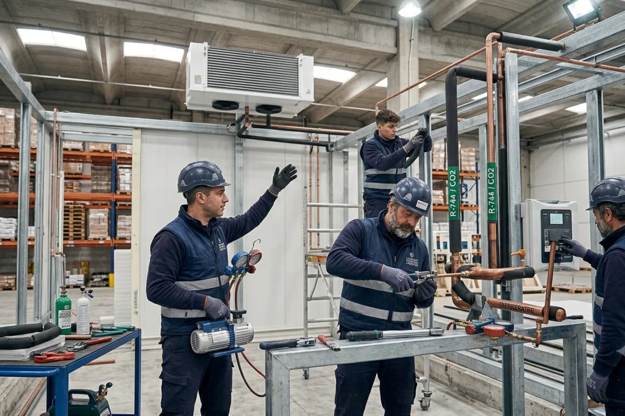 Tecnici installano impianto di refrigerazione industriale