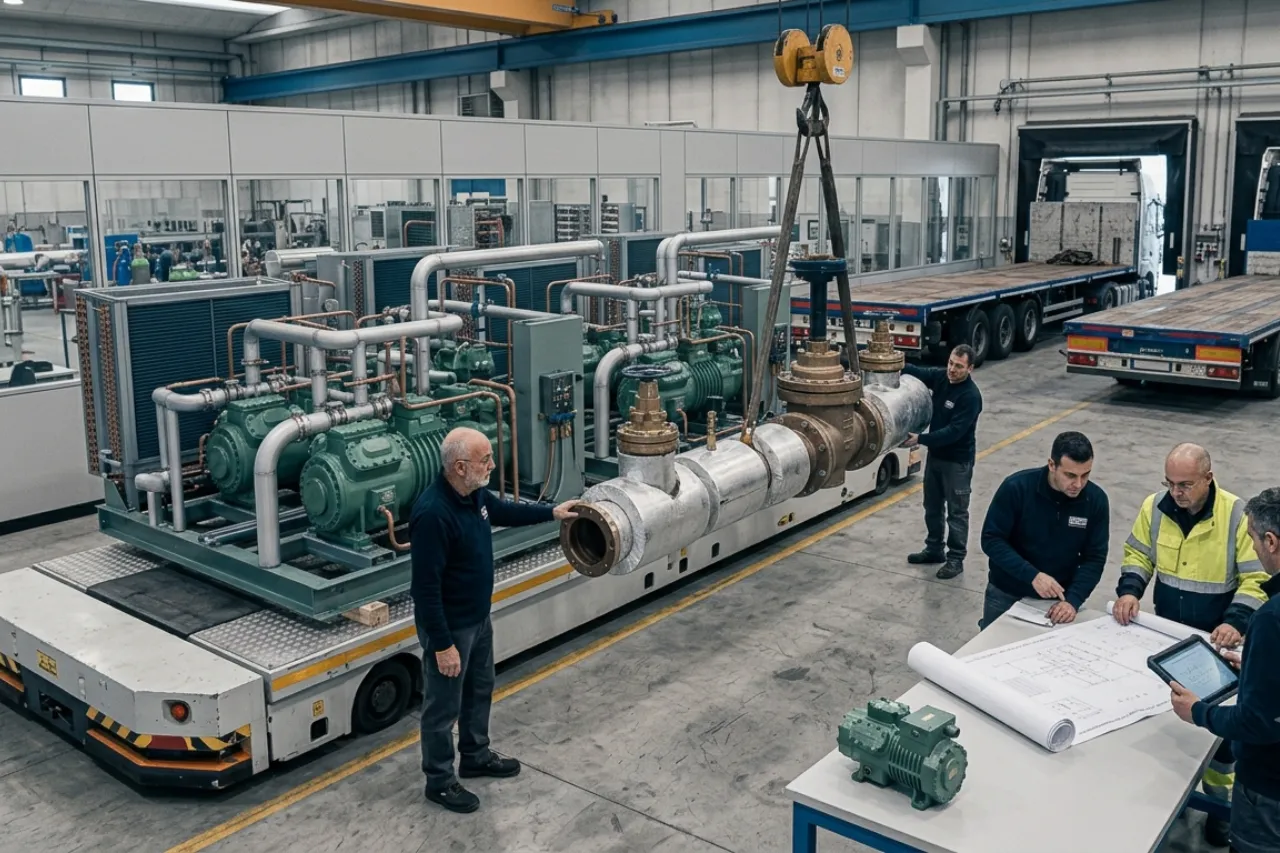 Tecnici installano grande valvola in impianto industriale