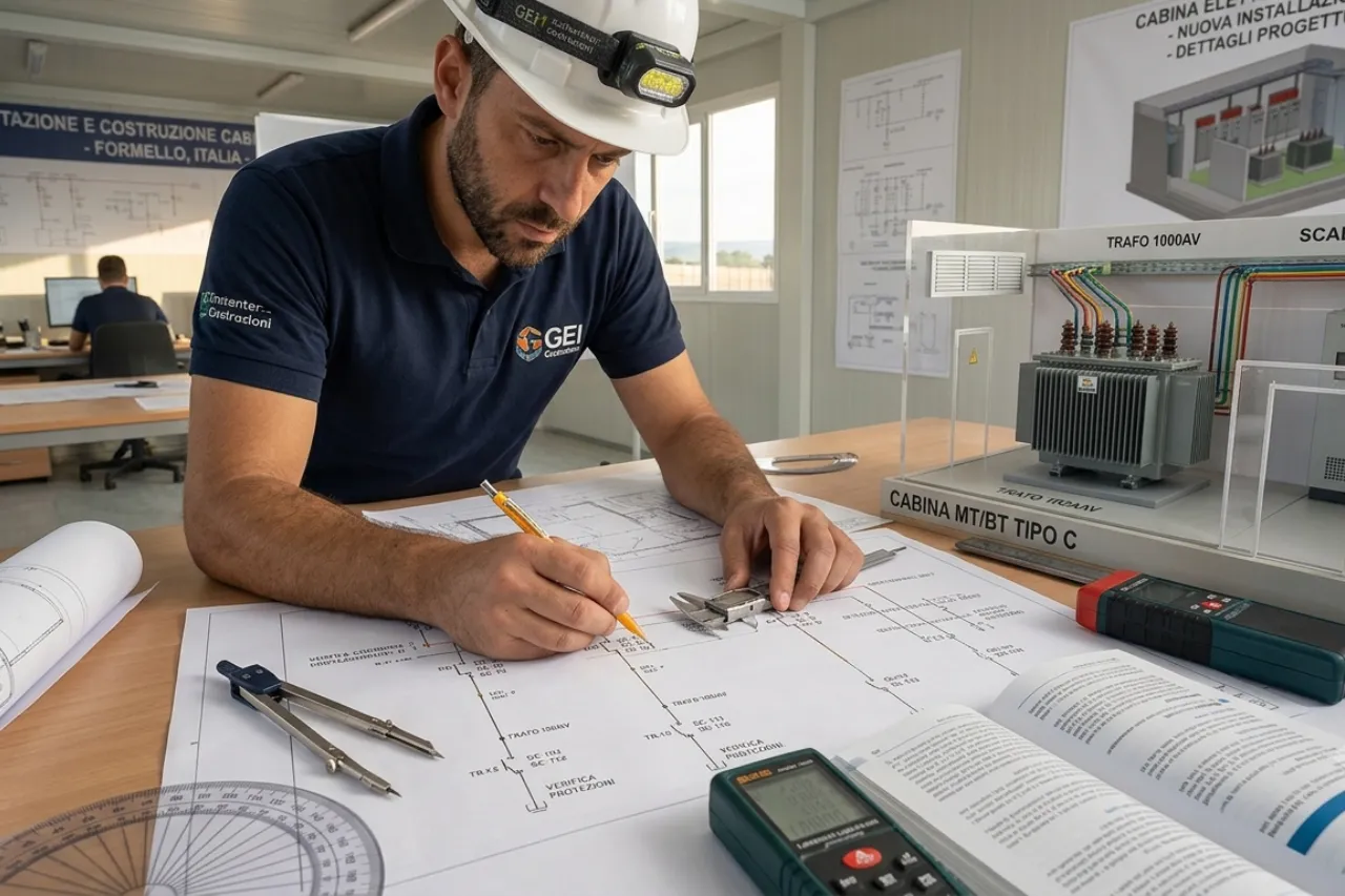 Ingegnere elettrico lavora su schema tecnico in ufficio