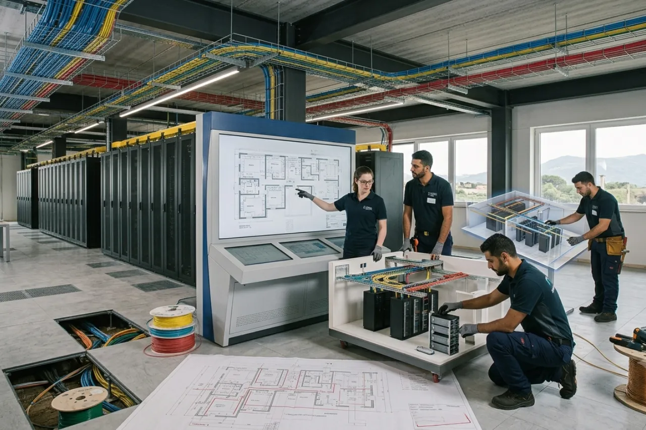 Tecnici in data center con server e cablaggi