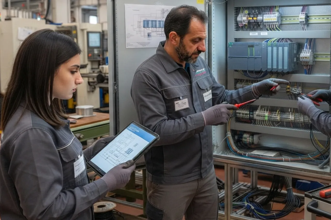 Tecnici controllano quadro elettrico industriale