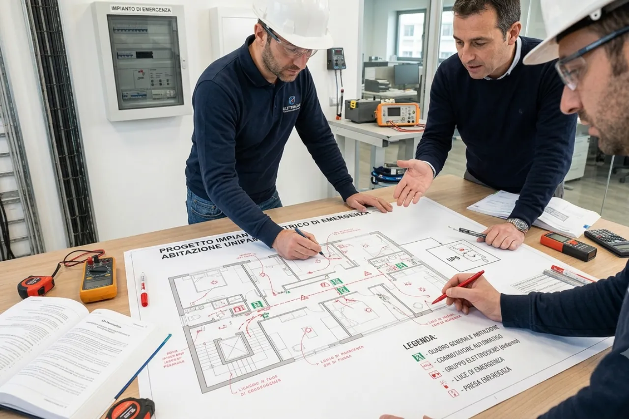 Tecnici esaminano progetto impianto elettrico di emergenza