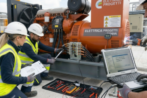 Tecnici controllano generatore industriale con laptop