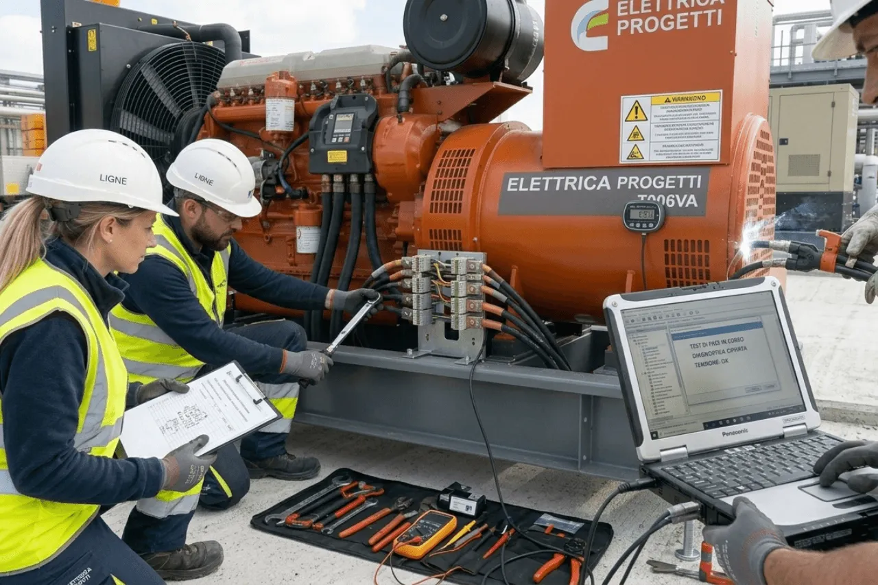 Tecnici controllano generatore industriale con laptop