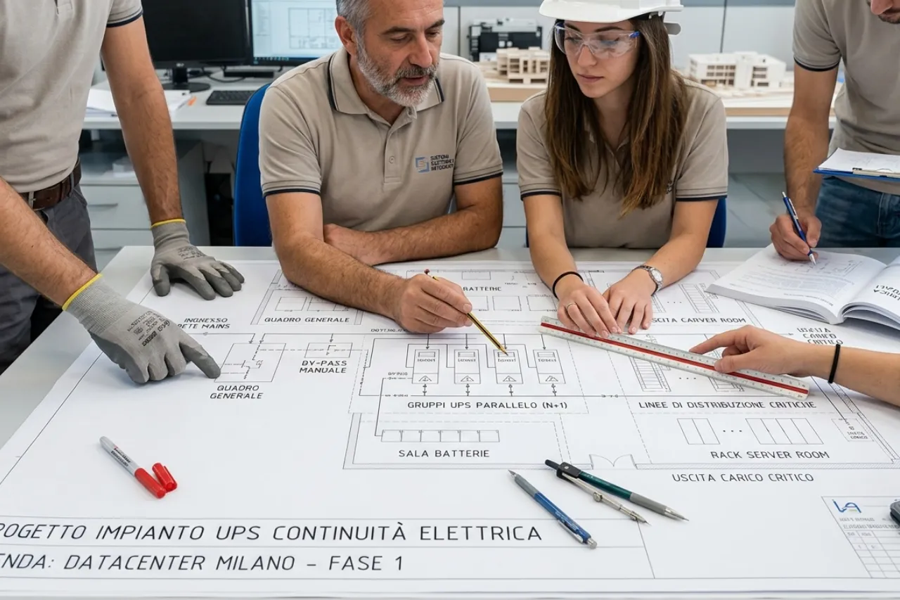 Tecnici analizzano progetto impianto UPS per datacenter