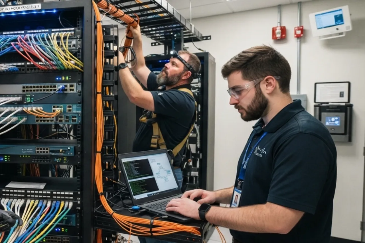 Tecnici al lavoro su rack di rete