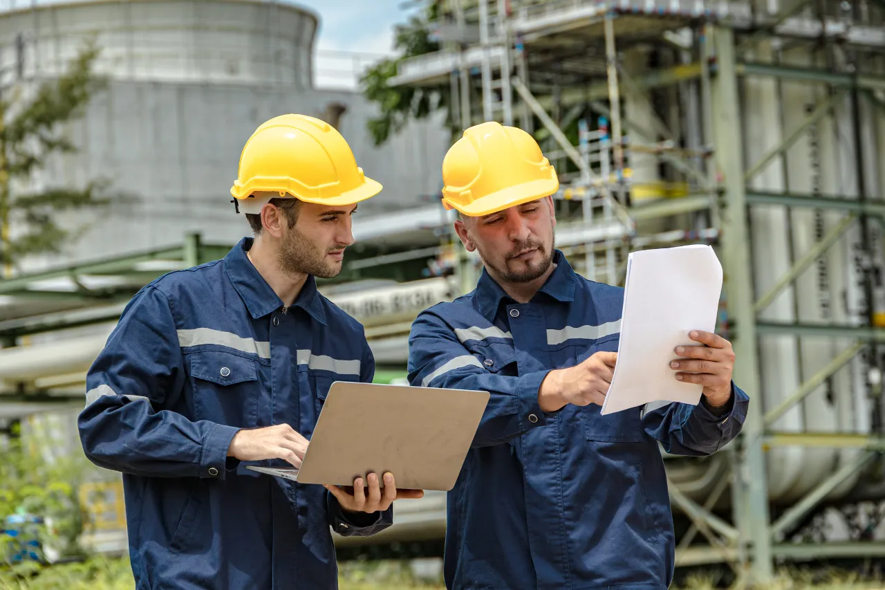 Tecnici con caschi controllano documenti in impianto industriale