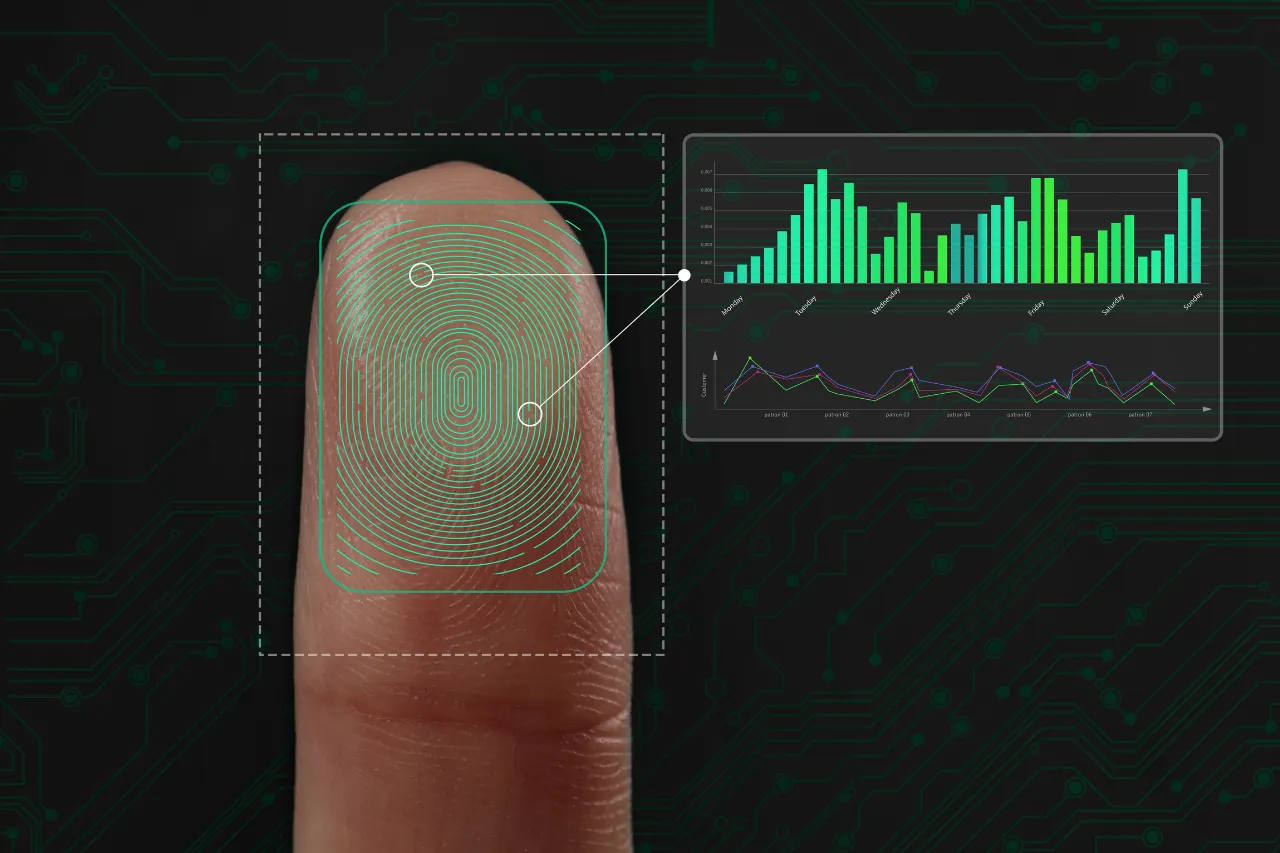 Impronta digitale analizzata da sistema biometrico su sfondo tecnologico