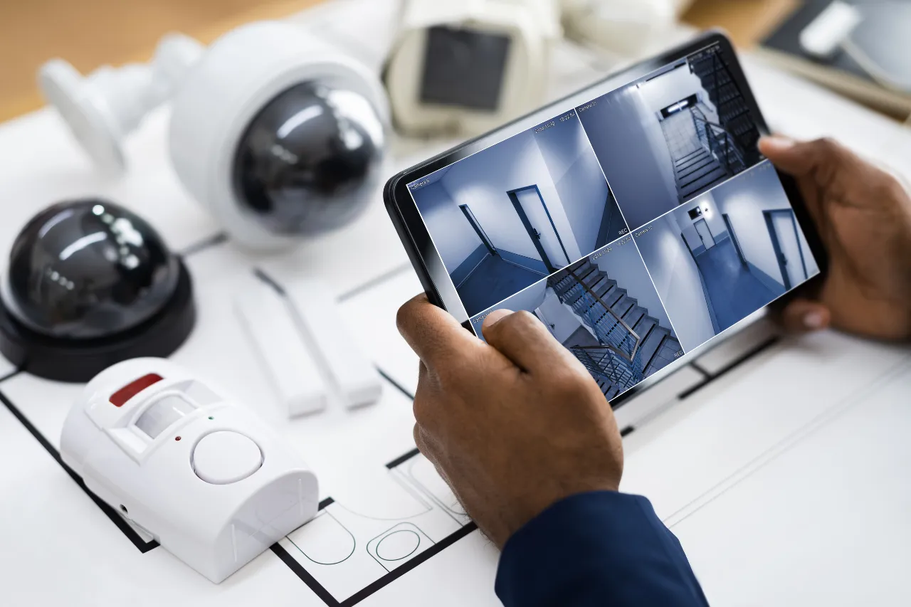 Tablet mostra telecamere di sicurezza e sensori di allarme